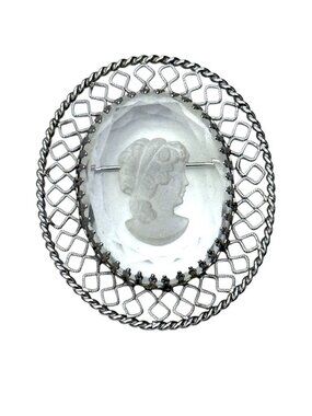 Vintage Oval Crystal Cameo Brooch Silver-Tone Filigree Frame Victorian Style